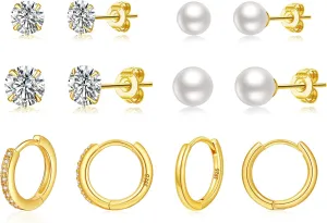 LOUMILEO 6 Pairs Pearl Stud Earrings Set Hypoallergenic Small Sterling Silver Stud Earrings for Women Man 3-10MM Tiny Cartilage Piercing Studs for Multiple Piercing