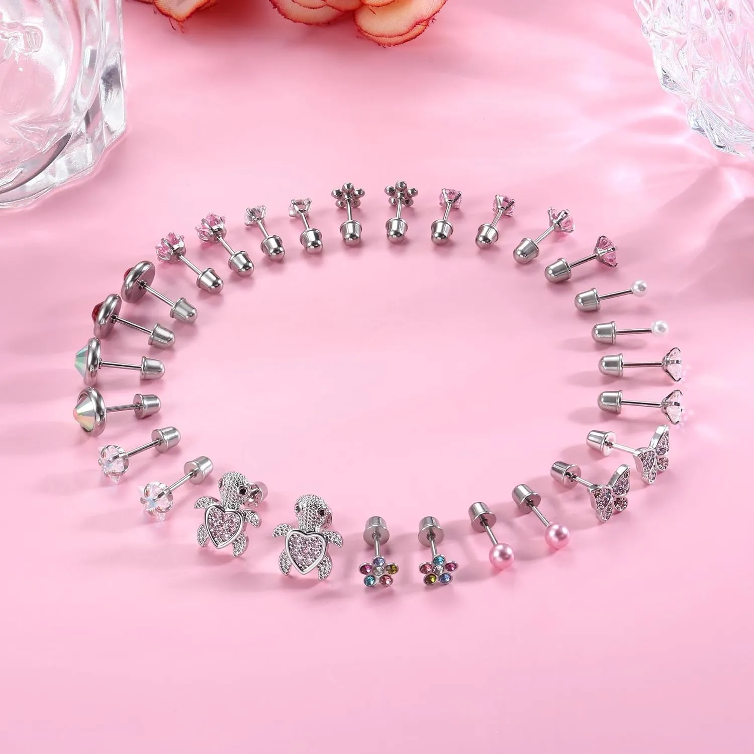 LOYALLOOK 14Pairs Hypoallergenic Screwback Earrings for Women Girls Tiny CZ Pearl Ball Heart Flower Screw Back Earring Studs 316L Stainless Steel Stud Earrings Flatback 20G Over 3 Years Old