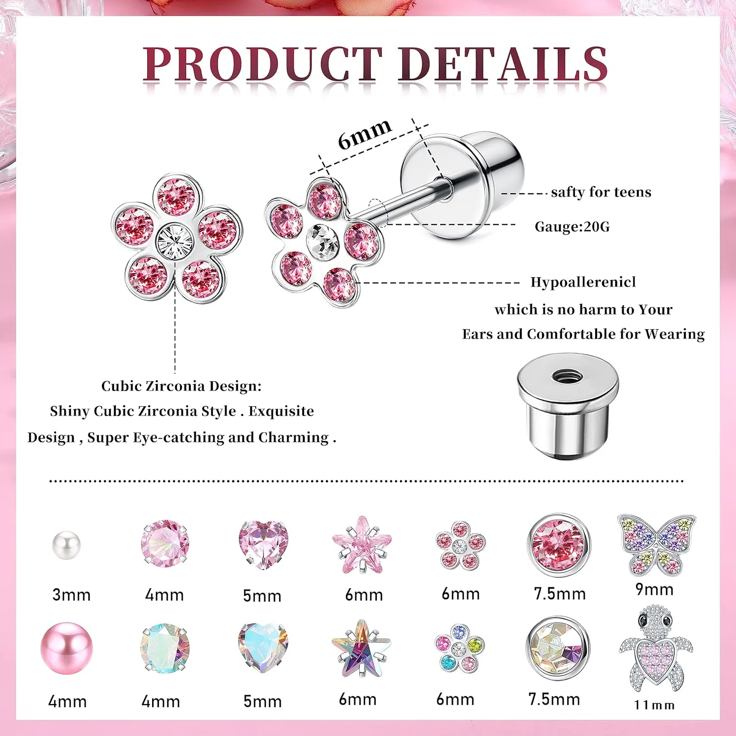 LOYALLOOK 14Pairs Hypoallergenic Screwback Earrings for Women Girls Tiny CZ Pearl Ball Heart Flower Screw Back Earring Studs 316L Stainless Steel Stud Earrings Flatback 20G Over 3 Years Old