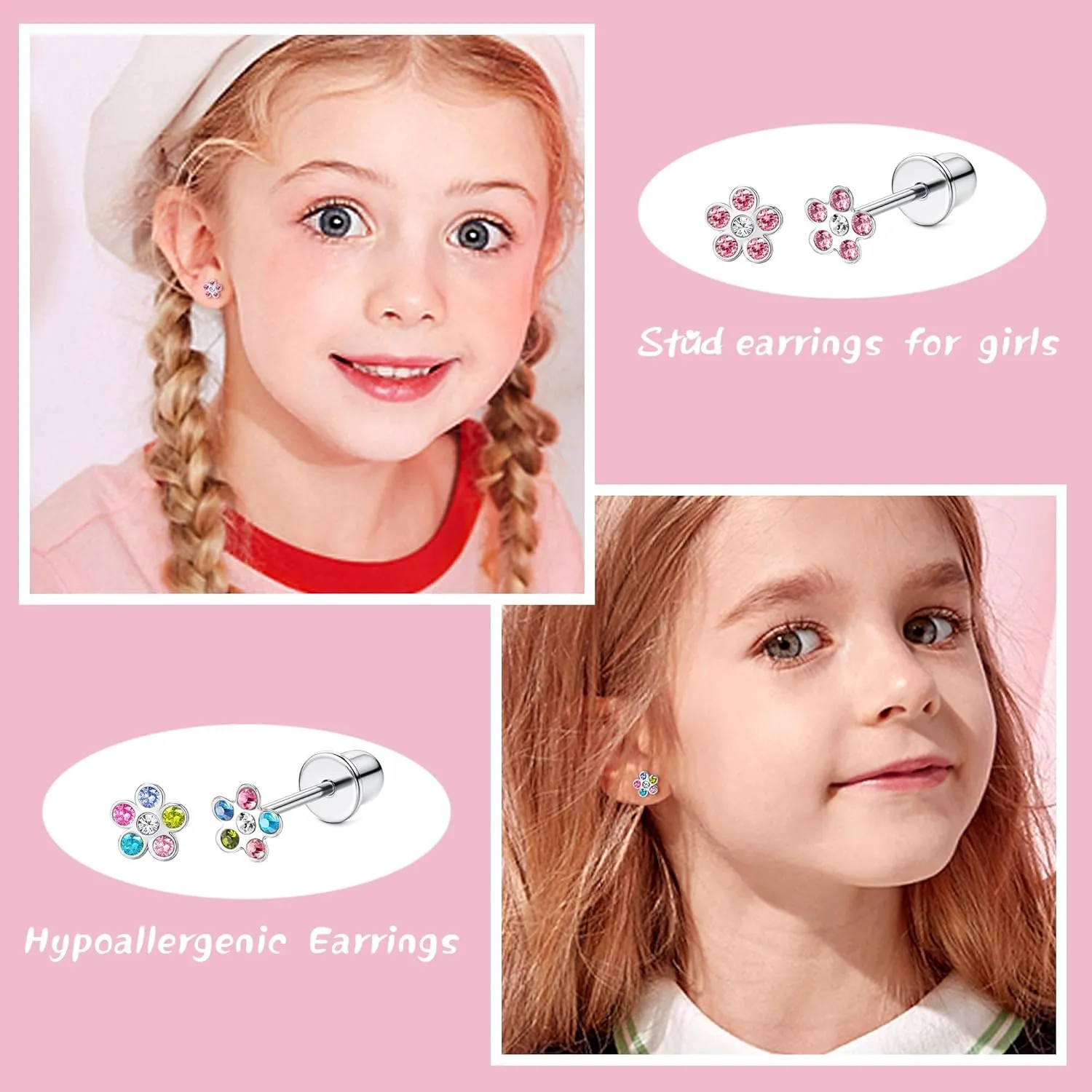 LOYALLOOK 14Pairs Hypoallergenic Screwback Earrings for Women Girls Tiny CZ Pearl Ball Heart Flower Screw Back Earring Studs 316L Stainless Steel Stud Earrings Flatback 20G Over 3 Years Old