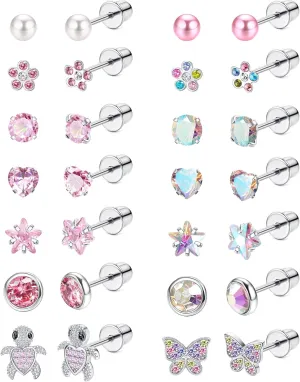 LOYALLOOK 14Pairs Hypoallergenic Screwback Earrings for Women Girls Tiny CZ Pearl Ball Heart Flower Screw Back Earring Studs 316L Stainless Steel Stud Earrings Flatback 20G Over 3 Years Old