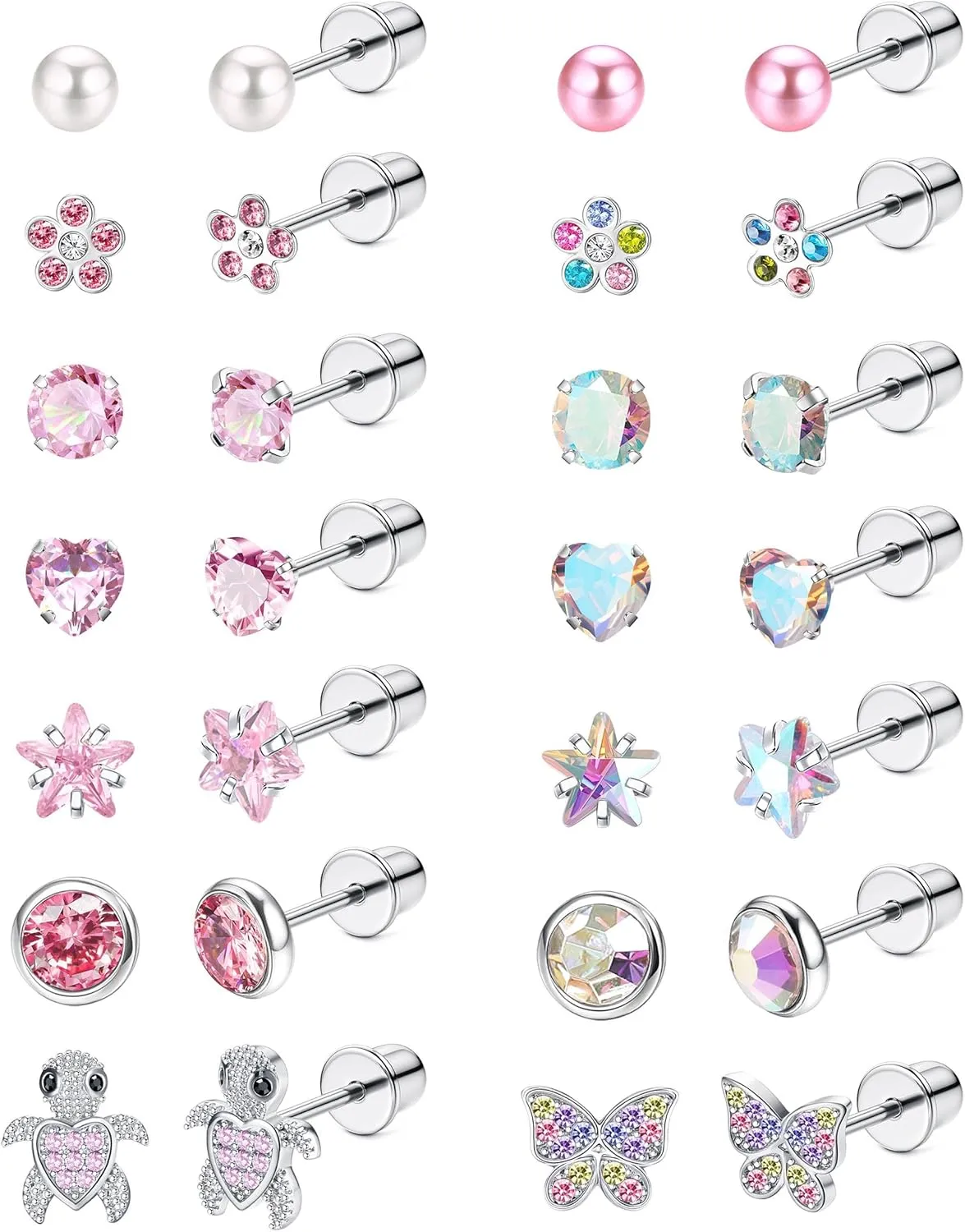 LOYALLOOK 14Pairs Hypoallergenic Screwback Earrings for Women Girls Tiny CZ Pearl Ball Heart Flower Screw Back Earring Studs 316L Stainless Steel Stud Earrings Flatback 20G Over 3 Years Old
