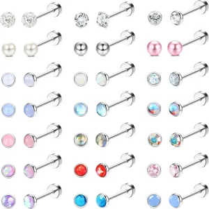 LOYALLOOK 21Pairs 20G Hypoallergenic Stud Earrings Set for Women Men 316L Stainless Steel Cartilage Flat Back Stud Earrings CZ Opal Screwback Earrings Studs Piercing Jewelry Multicolored