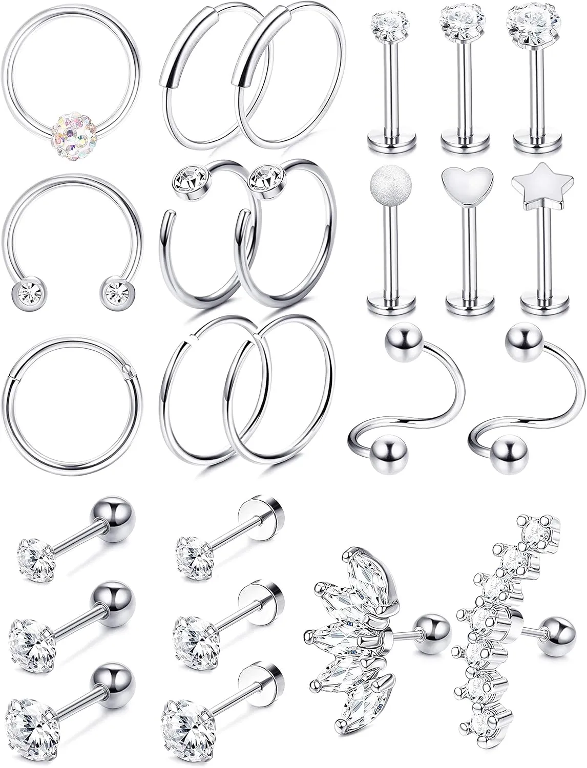 LOYALLOOK 25Pcs Cartilage Earrings Hoop Studs for Women 16-20G Labret Flat Ball Back Earrings Daith Tragus Helix Earrings