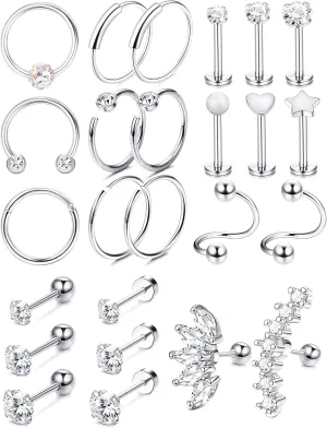 LOYALLOOK 25Pcs Cartilage Earrings Hoop Studs for Women 16-20G Labret Flat Ball Back Earrings Daith Tragus Helix Earrings