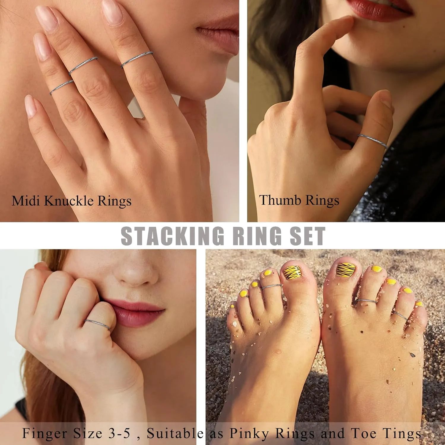 LOYALLOOK 3pcs 1mm Stainless Steel Women's Plain Band Knuckle Stacking Midi Rings Comfort Fit Silver/Gold/Rose Tone