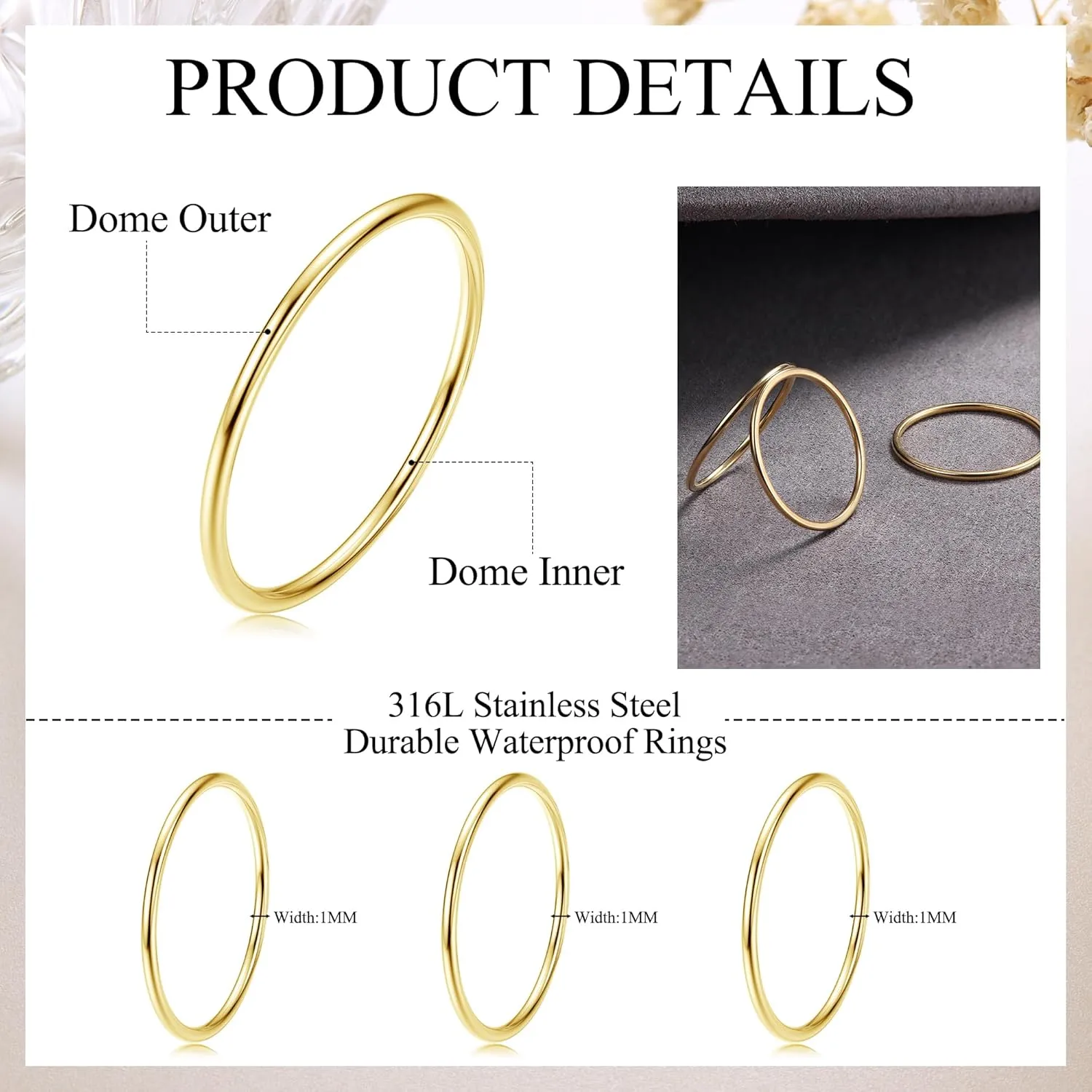 LOYALLOOK 3pcs 1mm Stainless Steel Women's Plain Band Knuckle Stacking Midi Rings Comfort Fit Silver/Gold/Rose Tone