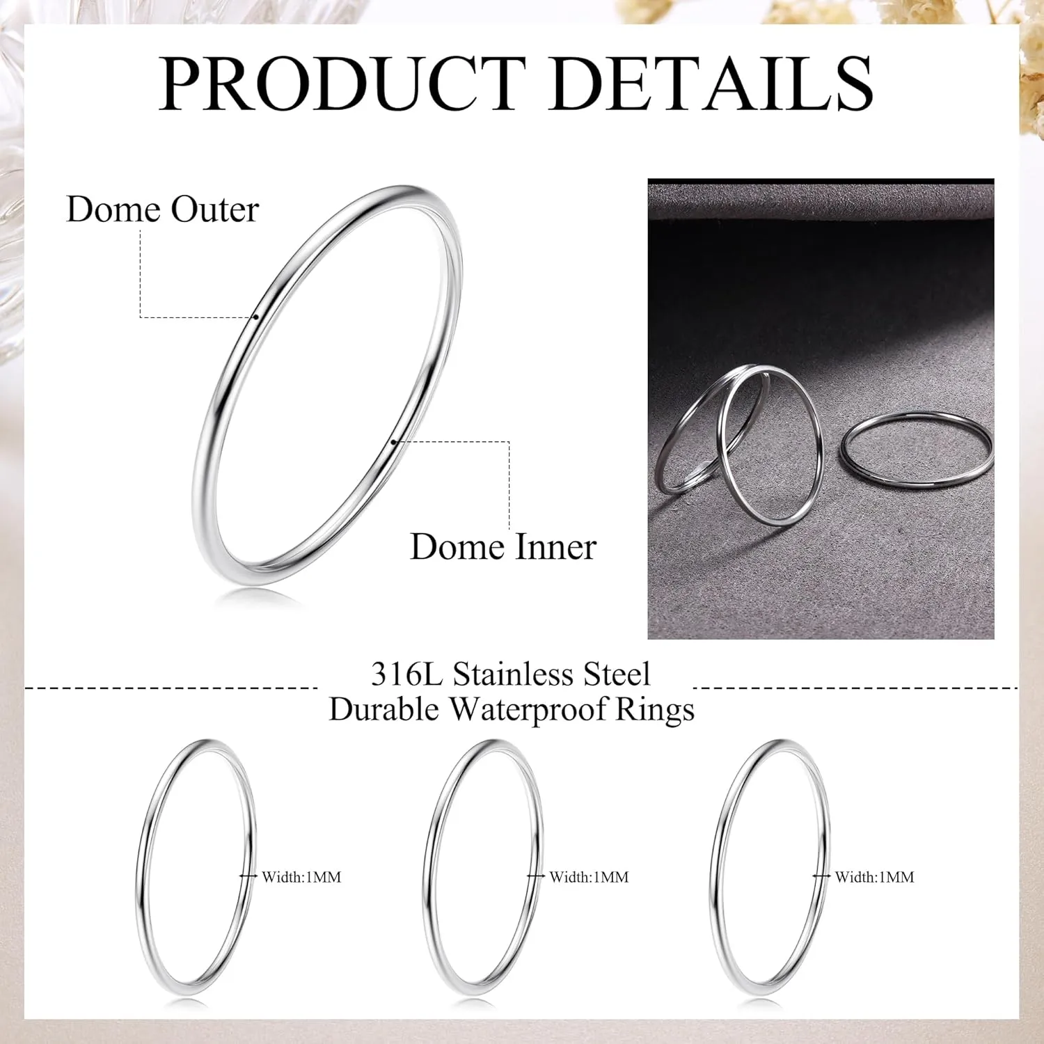 LOYALLOOK 3pcs 1mm Stainless Steel Women's Plain Band Knuckle Stacking Midi Rings Comfort Fit Silver/Gold/Rose Tone