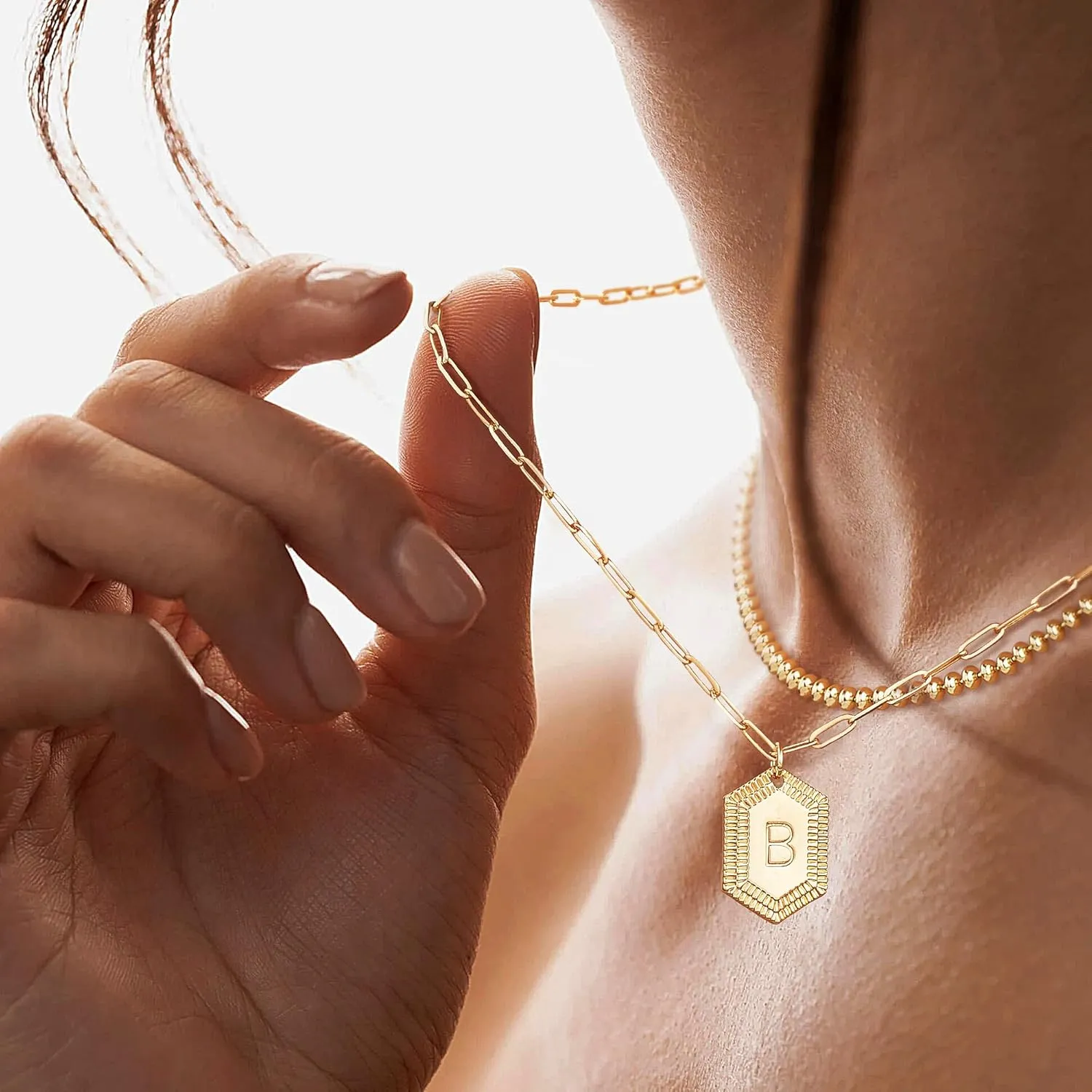 LOYATA Gold Layered Initial Necklaces for Women,14K Gold Plated Double Layered Stacked Letter Pendant Necklace Ball Bead Necklace Chain Dainty Trendy Hexagon Name Necklaces for Women Jewelry Gifts