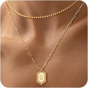 LOYATA Gold Layered Initial Necklaces for Women,14K Gold Plated Double Layered Stacked Letter Pendant Necklace Ball Bead Necklace Chain Dainty Trendy Hexagon Name Necklaces for Women Jewelry Gifts