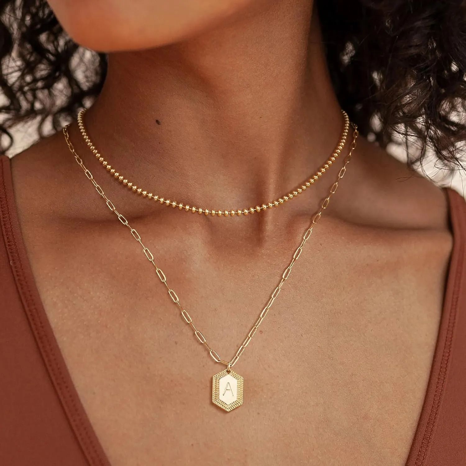 LOYATA Gold Layered Initial Necklaces for Women,14K Gold Plated Double Layered Stacked Letter Pendant Necklace Ball Bead Necklace Chain Dainty Trendy Hexagon Name Necklaces for Women Jewelry Gifts