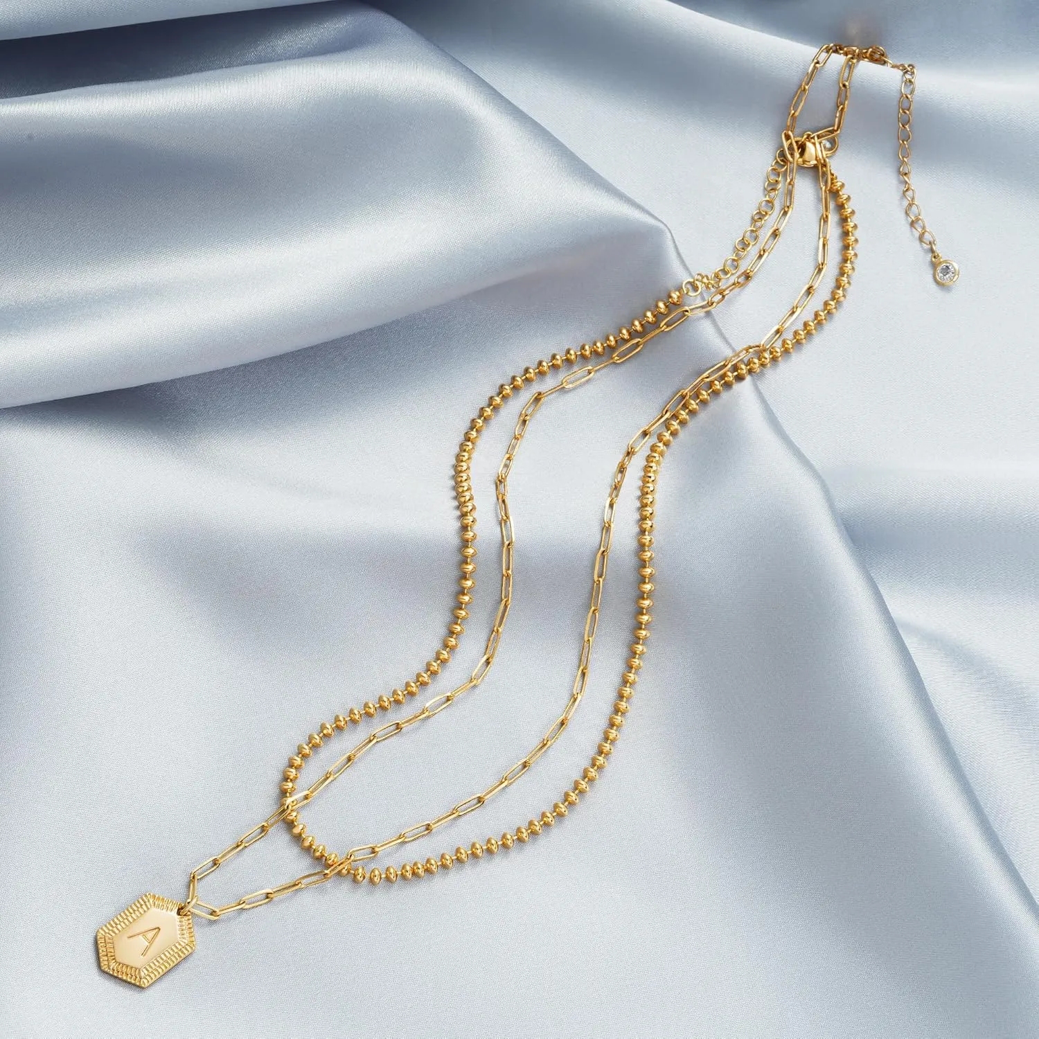 LOYATA Gold Layered Initial Necklaces for Women,14K Gold Plated Double Layered Stacked Letter Pendant Necklace Ball Bead Necklace Chain Dainty Trendy Hexagon Name Necklaces for Women Jewelry Gifts