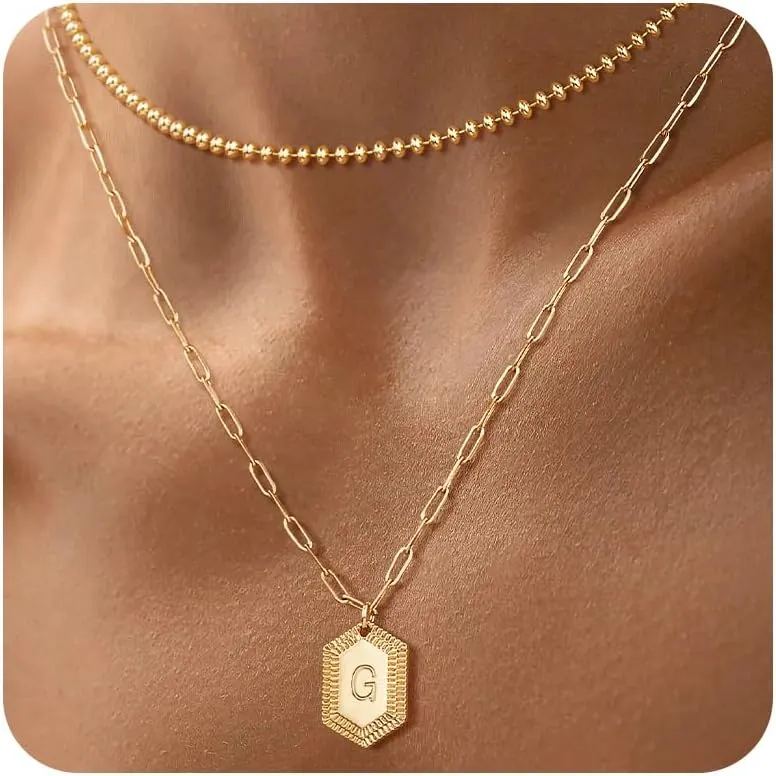 LOYATA Gold Layered Initial Necklaces for Women,14K Gold Plated Double Layered Stacked Letter Pendant Necklace Ball Bead Necklace Chain Dainty Trendy Hexagon Name Necklaces for Women Jewelry Gifts