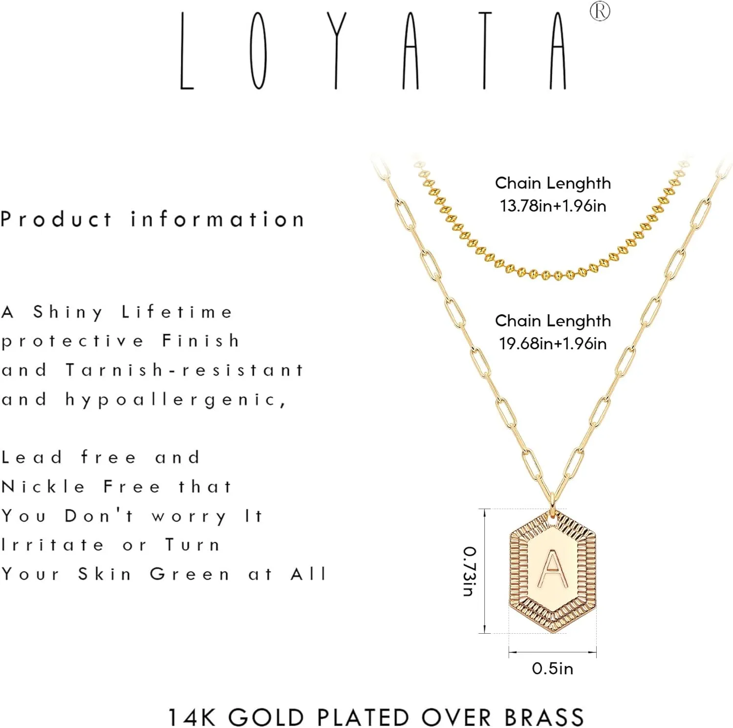 LOYATA Gold Layered Initial Necklaces for Women,14K Gold Plated Double Layered Stacked Letter Pendant Necklace Ball Bead Necklace Chain Dainty Trendy Hexagon Name Necklaces for Women Jewelry Gifts
