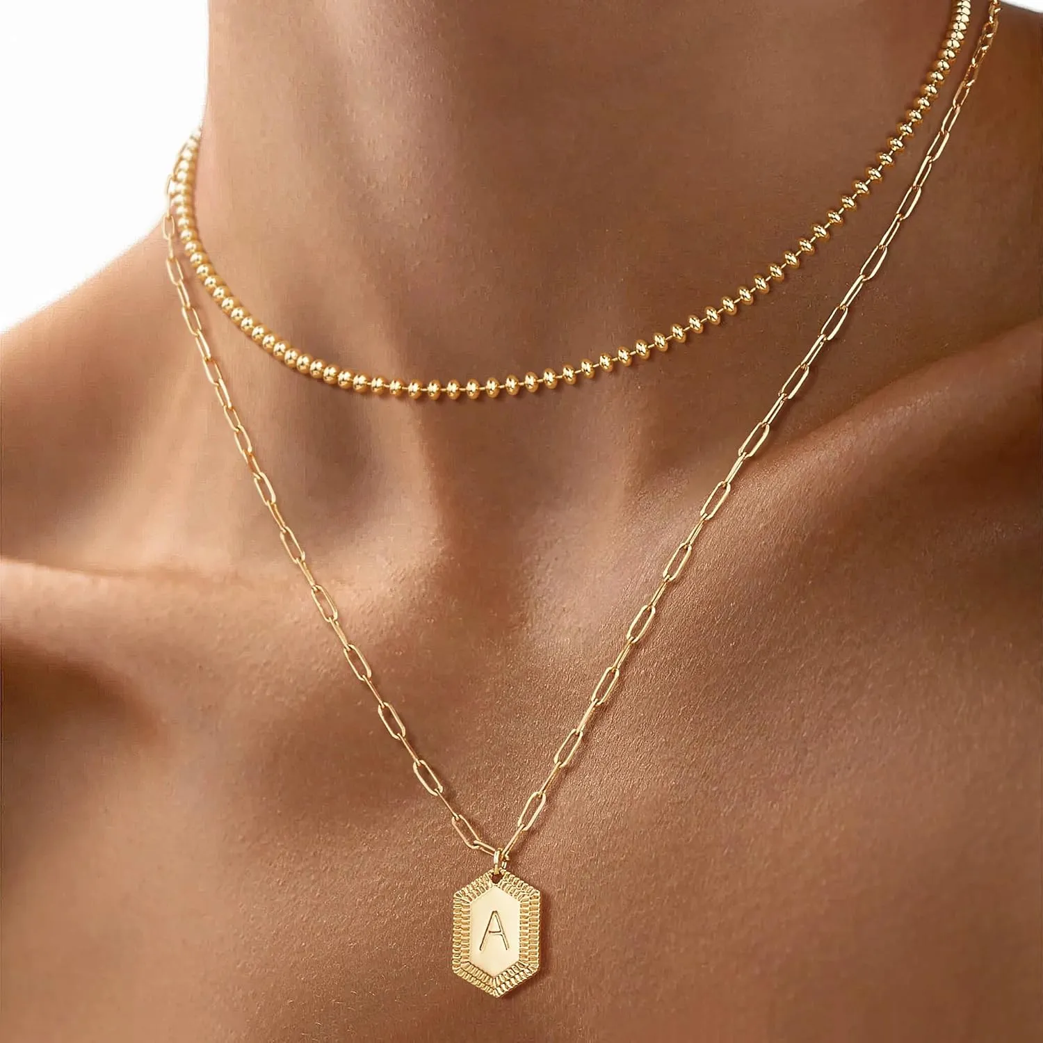 LOYATA Gold Layered Initial Necklaces for Women,14K Gold Plated Double Layered Stacked Letter Pendant Necklace Ball Bead Necklace Chain Dainty Trendy Hexagon Name Necklaces for Women Jewelry Gifts