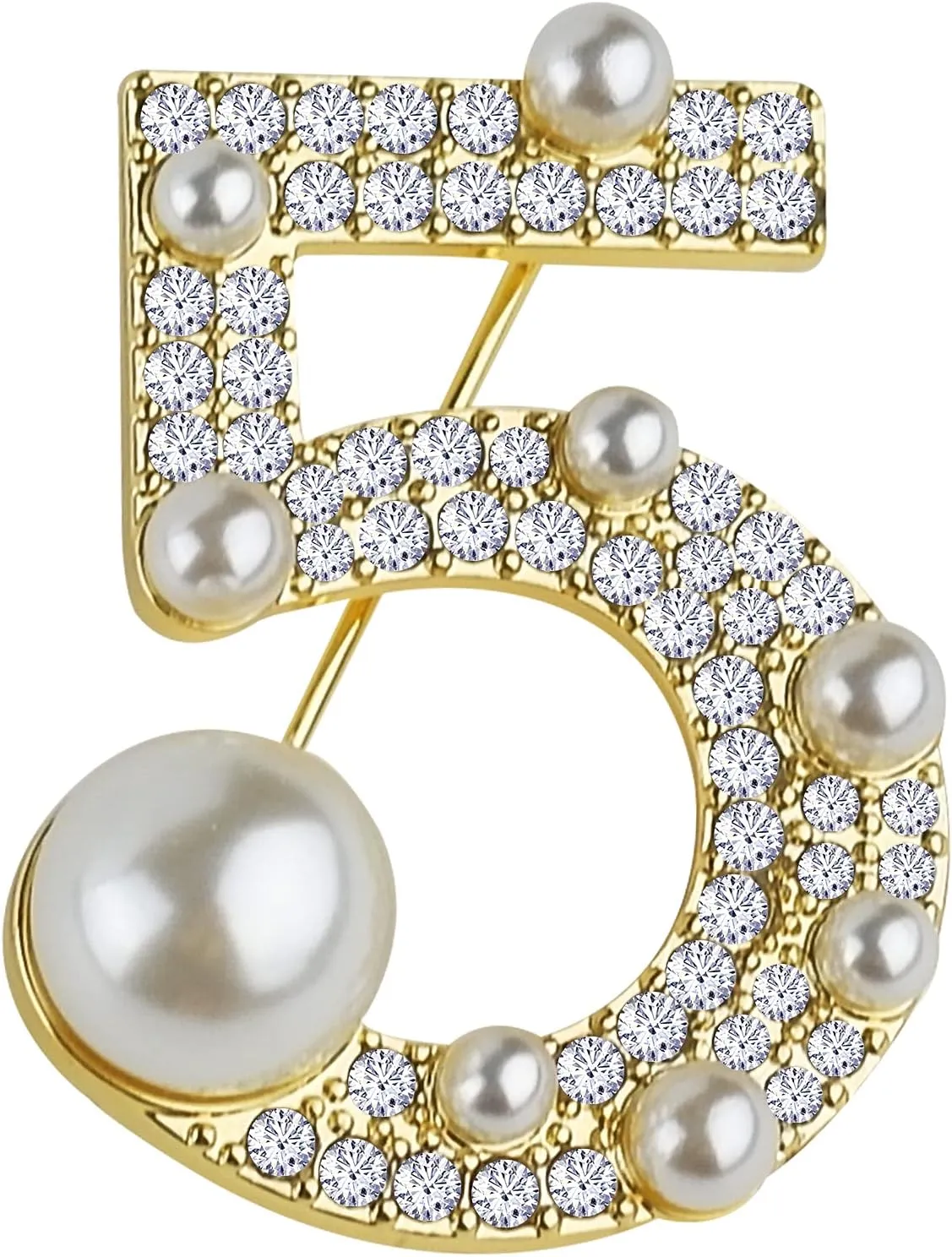 Lucky Number Five Rhinestone Bling Celebrity Fashion Jewelry Designer Inspired Statement Pin for Women