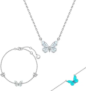 Luminous Butterfly Collection Necklace Bracelet Set, Glow-in-the-Dark Butterfly Pendant Chain Bracelet Jewelry Set, Fashion Elegant Dainty Luminous Jewelry Gifts