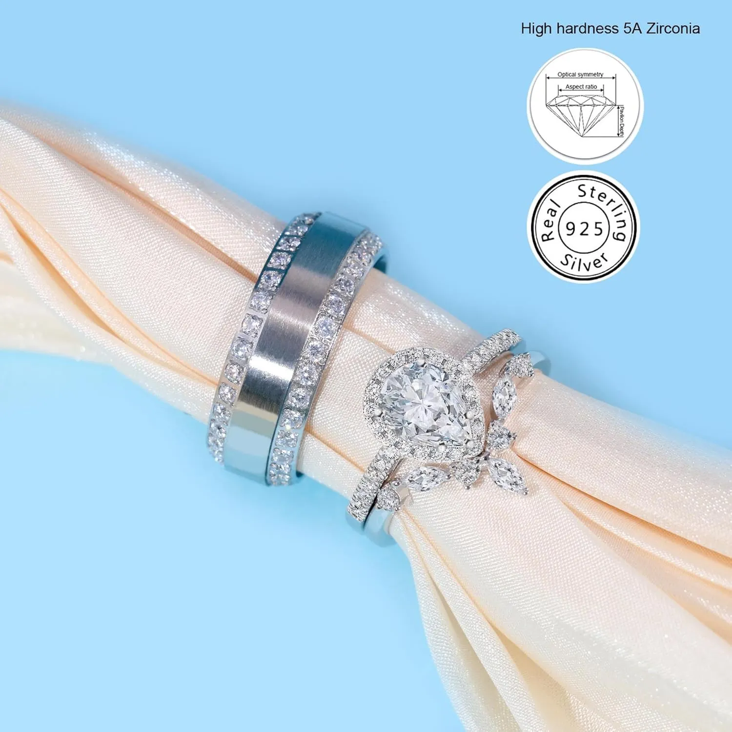 Luxury Couple Rings White Gold Plated 925 Sterling Silver Ring Pear 1CT AAAAA CZ Women Wedding Ring Sets Men Titanium Steel Ring