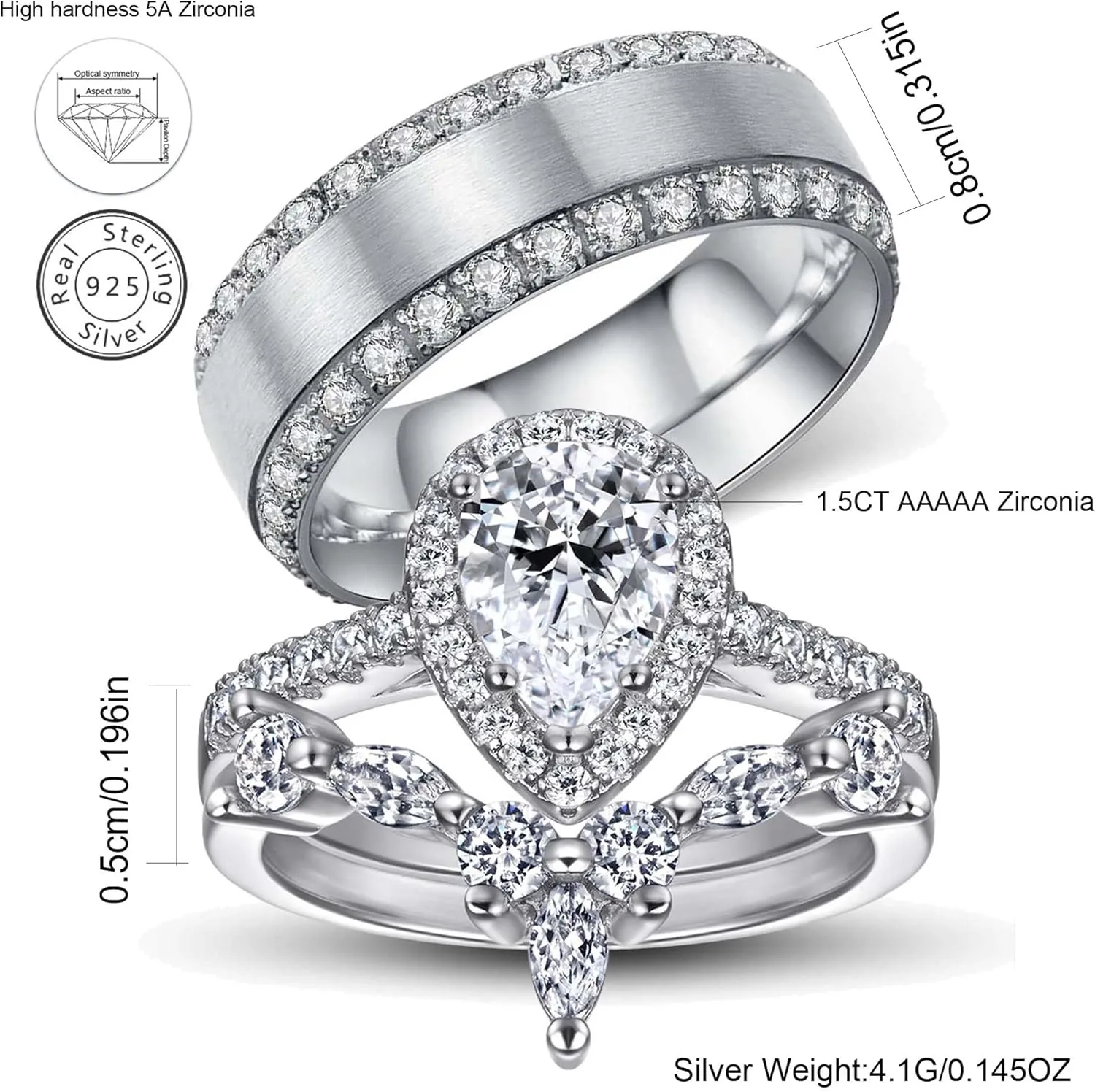 Luxury Couple Rings White Gold Plated 925 Sterling Silver Ring Pear 1CT AAAAA CZ Women Wedding Ring Sets Men Titanium Steel Ring