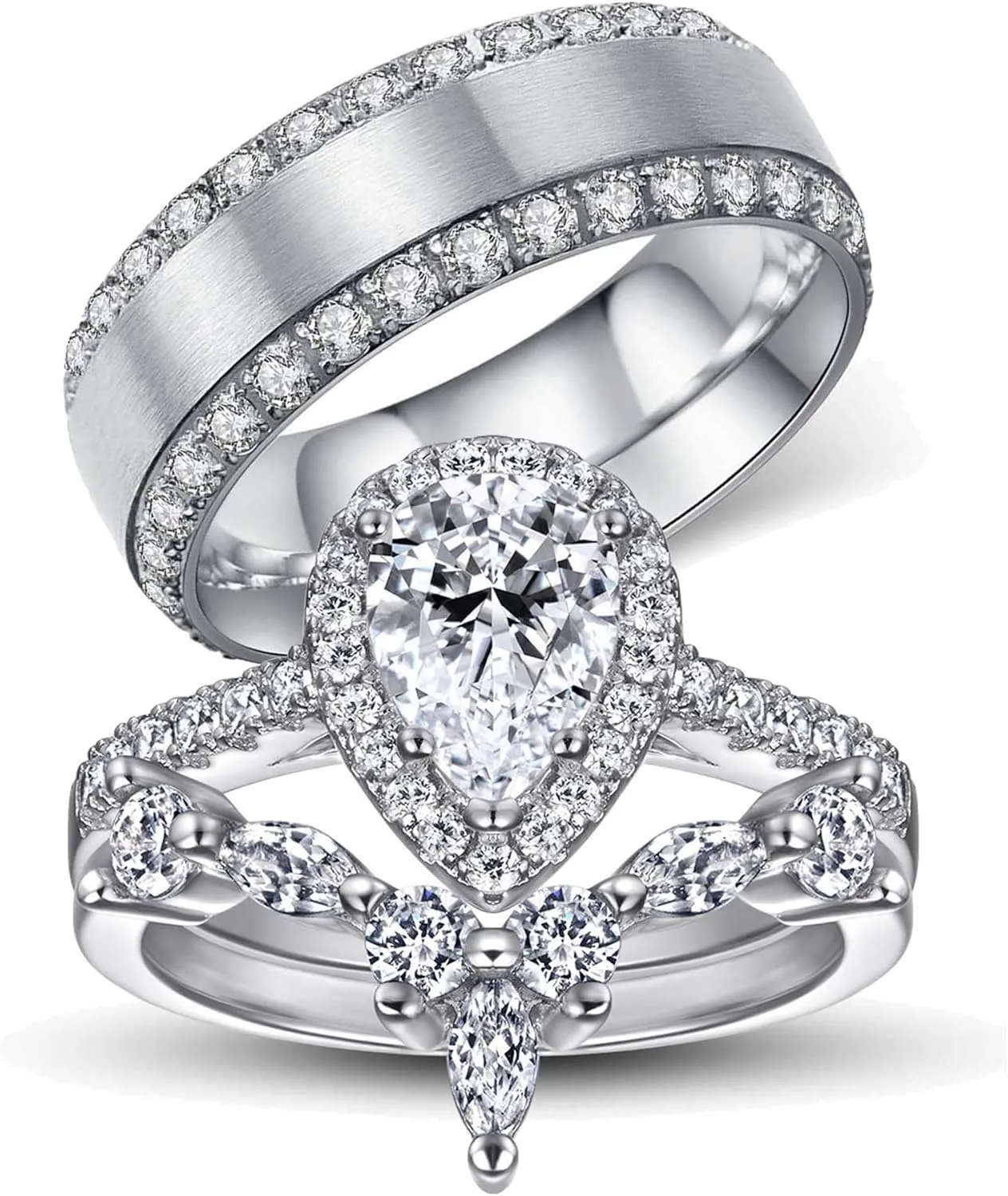 Luxury Couple Rings White Gold Plated 925 Sterling Silver Ring Pear 1CT AAAAA CZ Women Wedding Ring Sets Men Titanium Steel Ring