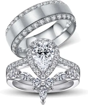 Luxury Couple Rings White Gold Plated 925 Sterling Silver Ring Pear 1CT AAAAA CZ Women Wedding Ring Sets Men Titanium Steel Ring