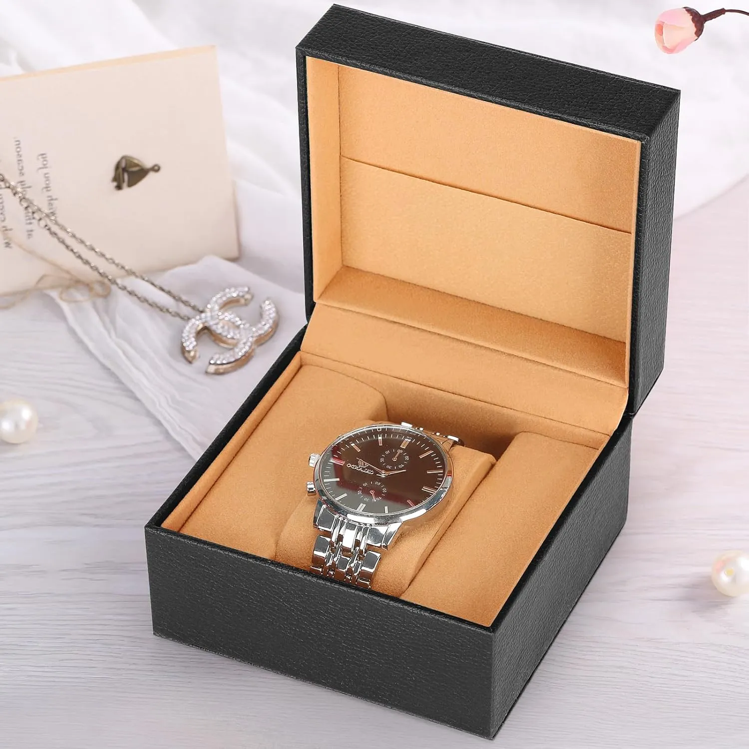 Luxury Single Watch Gift Box for Men Women, Single Watch Bracelet Bangle Jewelry Holder Storage Box Display Case Organizer (Black Style 2)