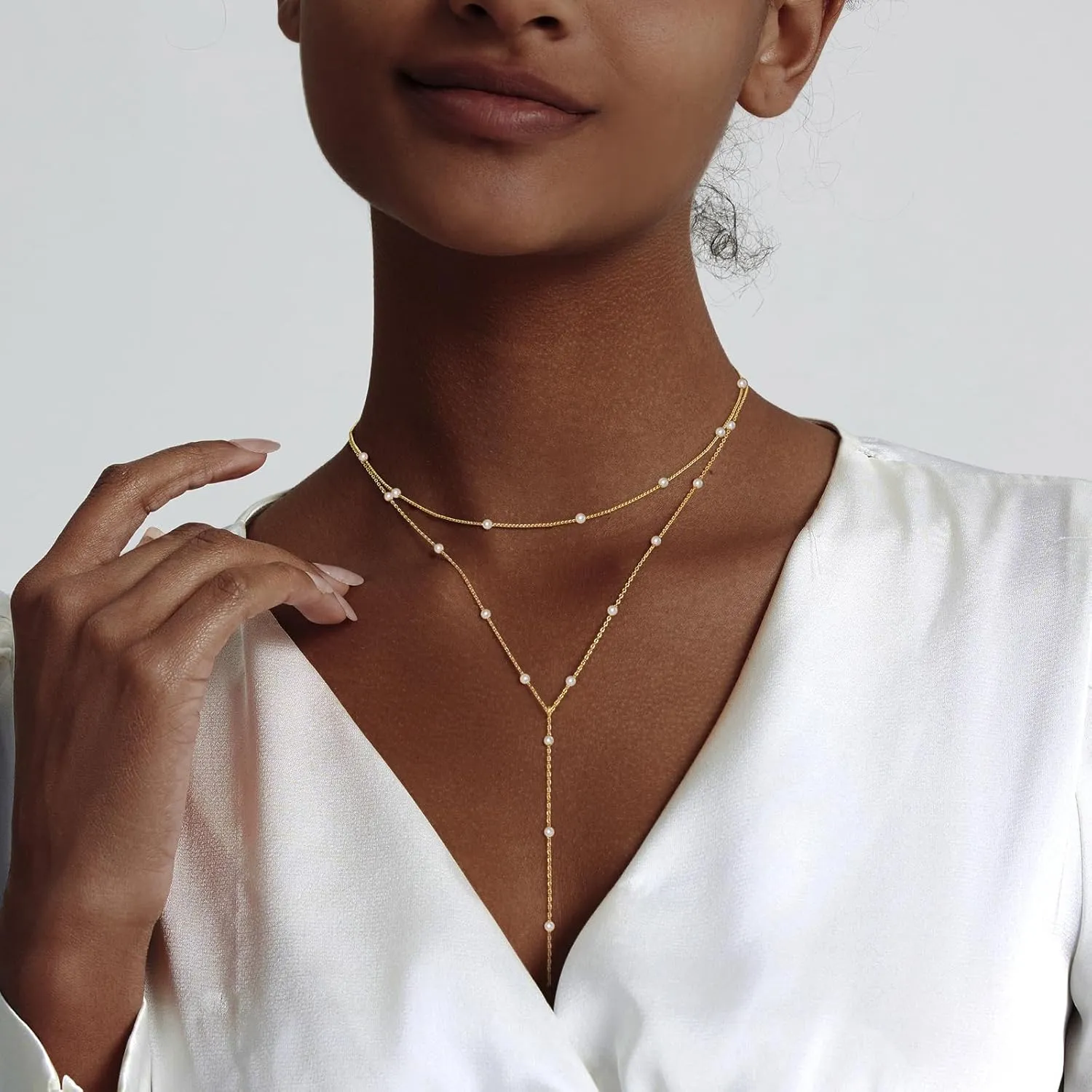 Luxval Lariat Gold Necklace for Women, Dainty Long Necklace 14k Gold Plated/Silver Y-Shaped Pendant Necklaces Trendy Beaded Chain Drop Necklaces Jewelry for Women Gifts