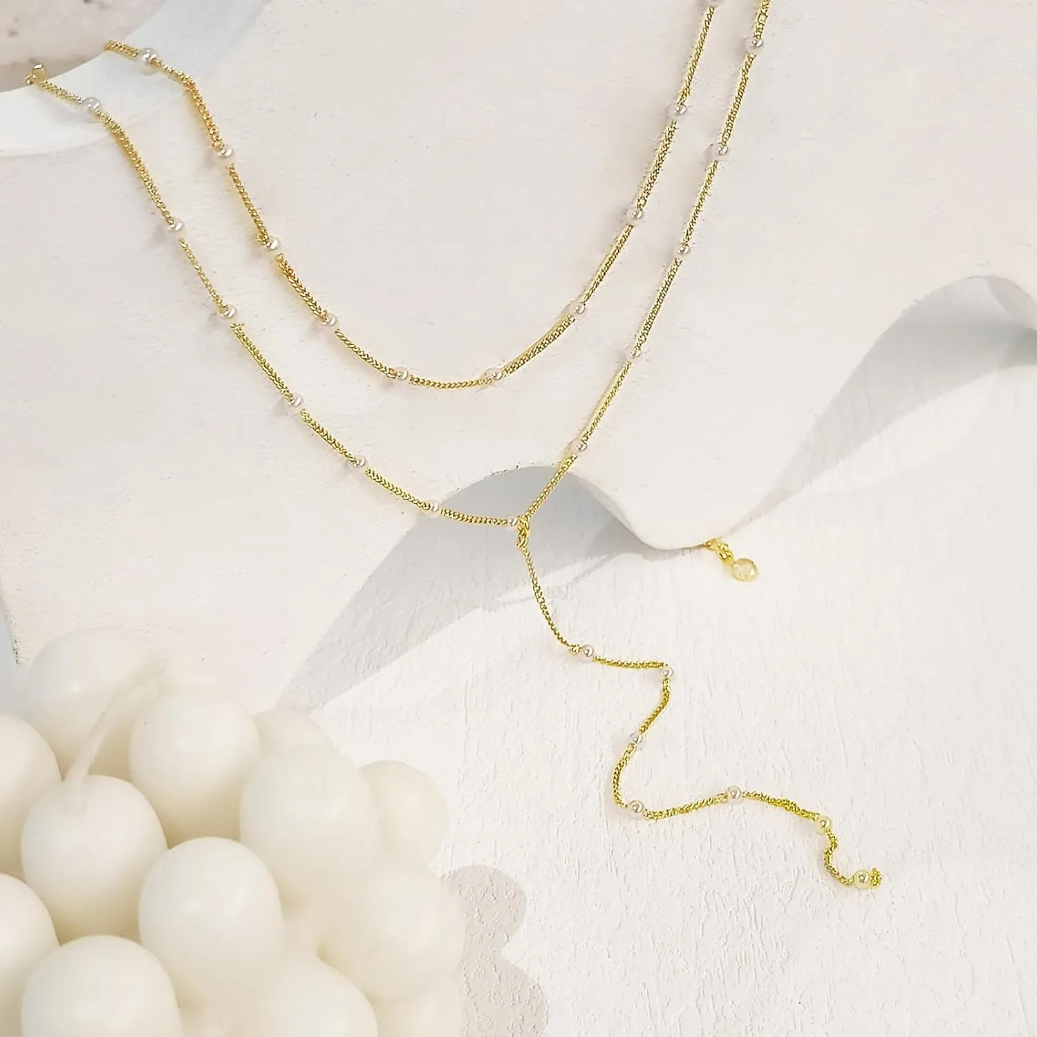 Luxval Lariat Gold Necklace for Women, Dainty Long Necklace 14k Gold Plated/Silver Y-Shaped Pendant Necklaces Trendy Beaded Chain Drop Necklaces Jewelry for Women Gifts
