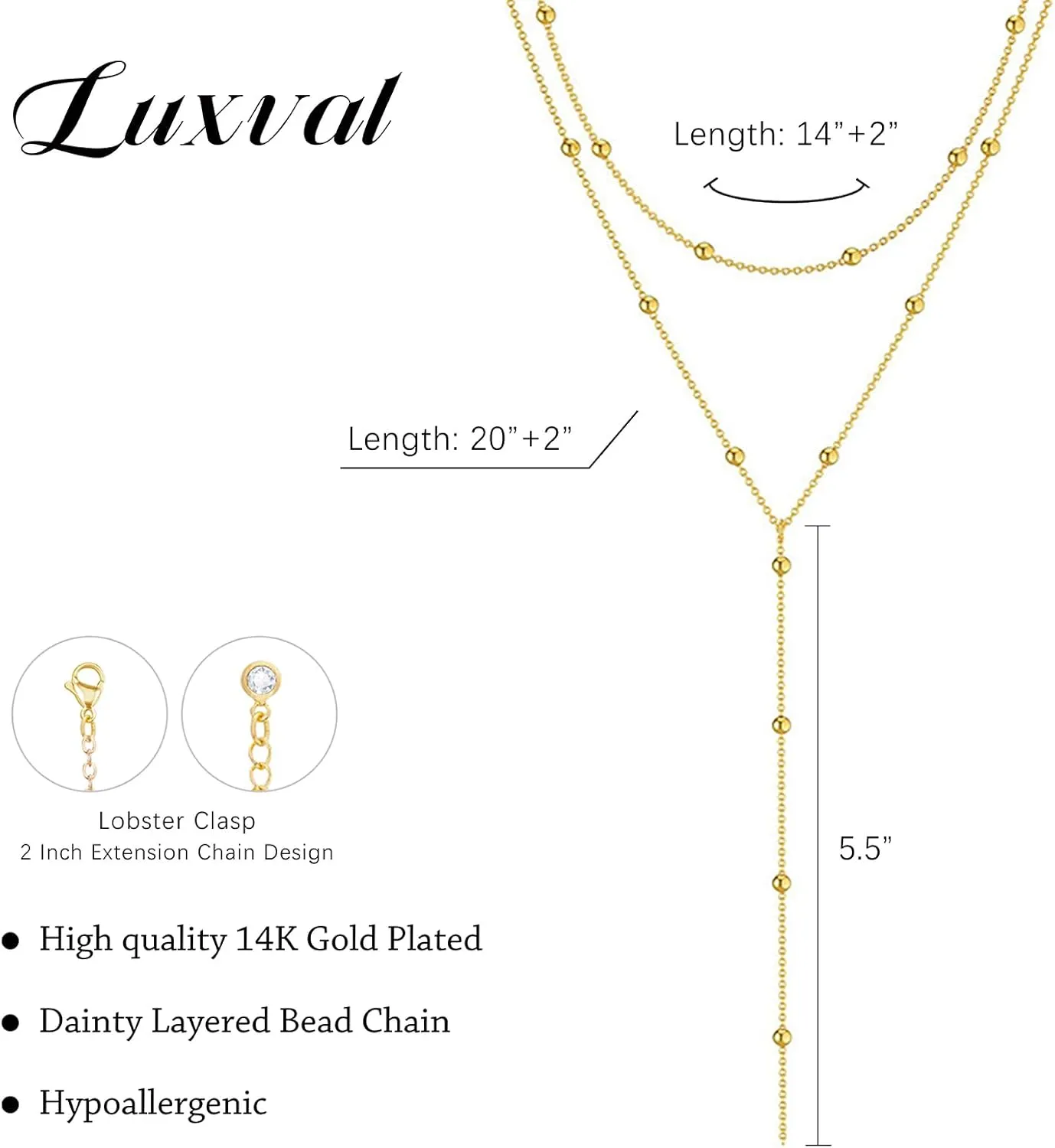 Luxval Lariat Gold Necklace for Women, Dainty Long Necklace 14k Gold Plated/Silver Y-Shaped Pendant Necklaces Trendy Beaded Chain Drop Necklaces Jewelry for Women Gifts
