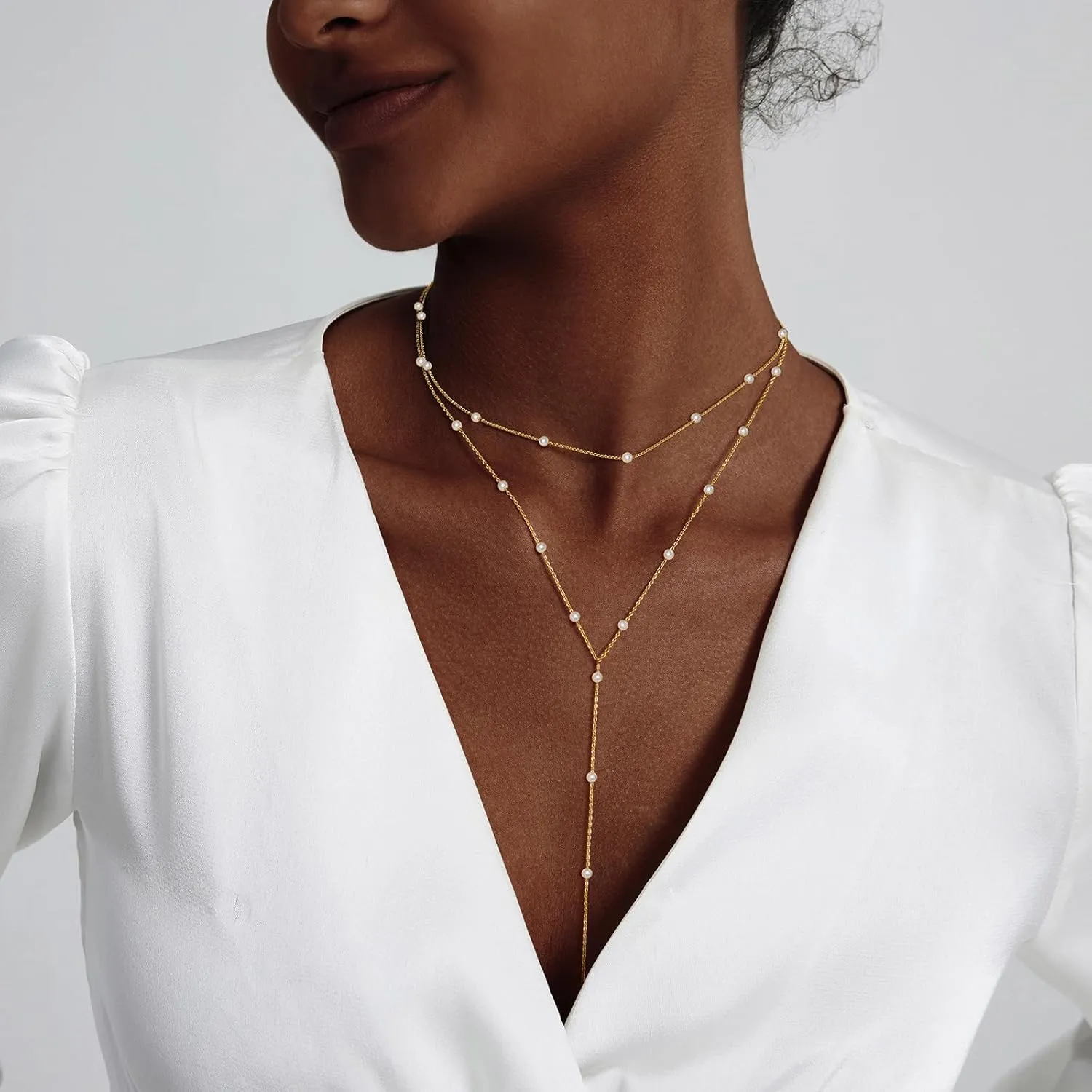 Luxval Lariat Gold Necklace for Women, Dainty Long Necklace 14k Gold Plated/Silver Y-Shaped Pendant Necklaces Trendy Beaded Chain Drop Necklaces Jewelry for Women Gifts
