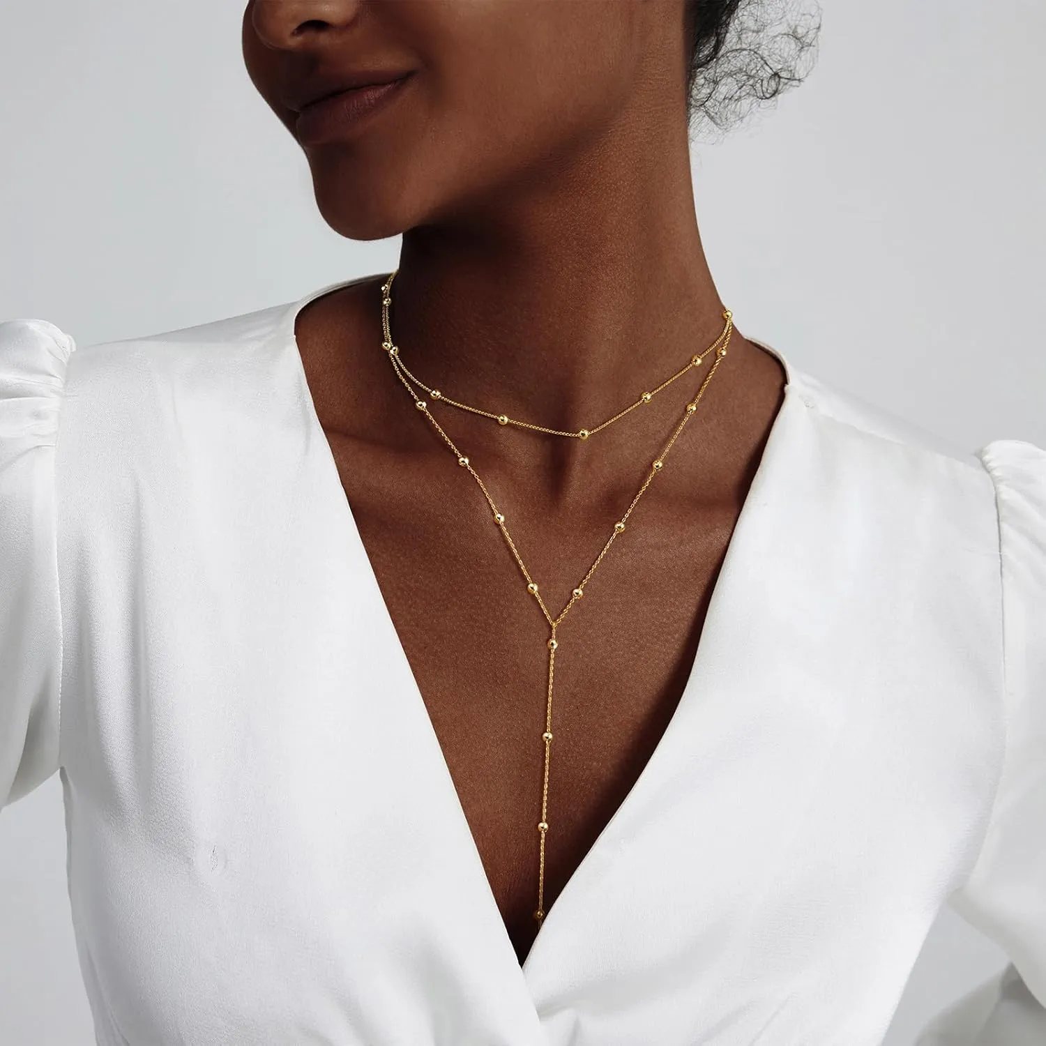 Luxval Lariat Gold Necklace for Women, Dainty Long Necklace 14k Gold Plated/Silver Y-Shaped Pendant Necklaces Trendy Beaded Chain Drop Necklaces Jewelry for Women Gifts