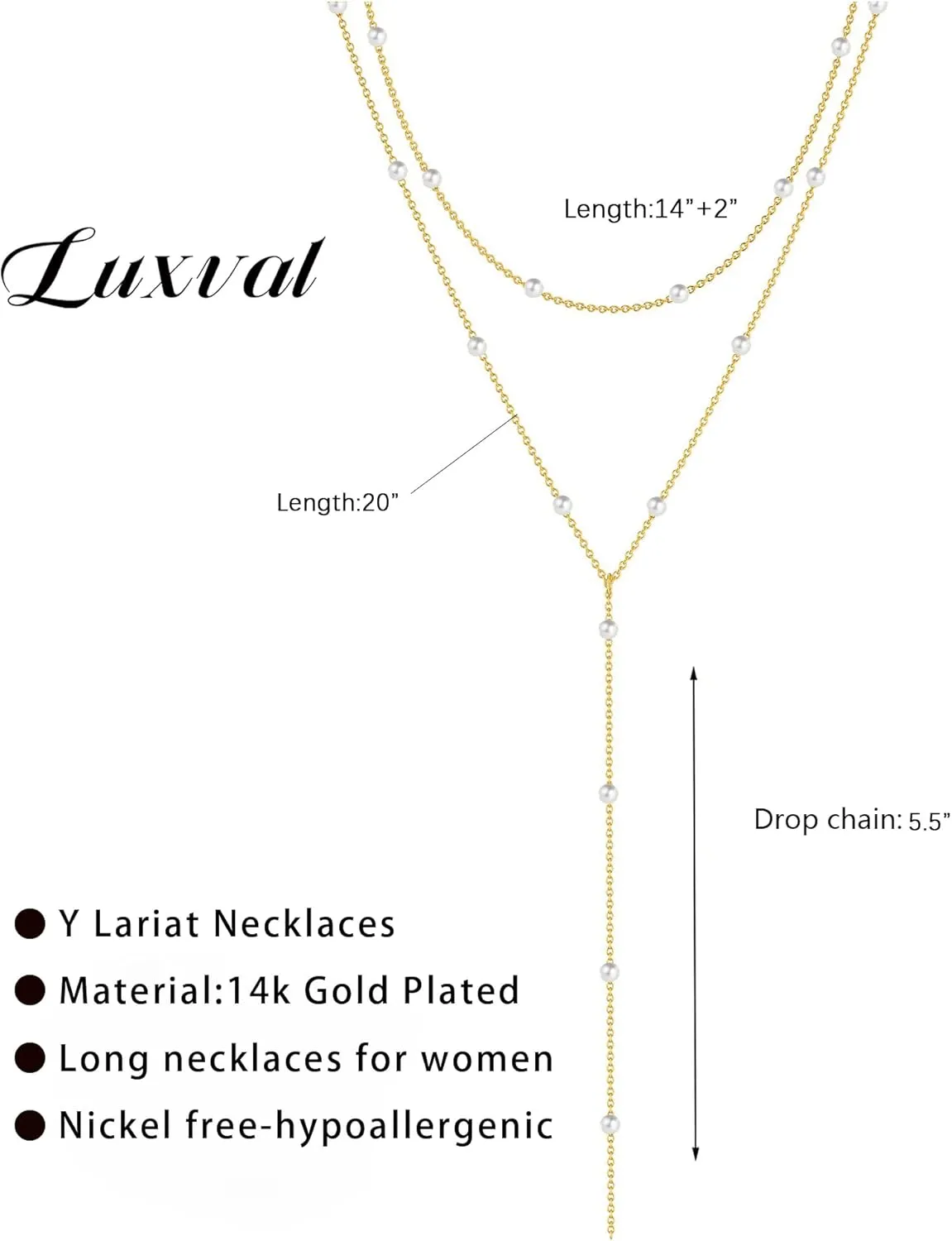 Luxval Lariat Gold Necklace for Women, Dainty Long Necklace 14k Gold Plated/Silver Y-Shaped Pendant Necklaces Trendy Beaded Chain Drop Necklaces Jewelry for Women Gifts