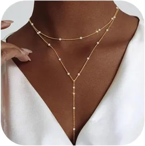 Luxval Lariat Gold Necklace for Women, Dainty Long Necklace 14k Gold Plated/Silver Y-Shaped Pendant Necklaces Trendy Beaded Chain Drop Necklaces Jewelry for Women Gifts