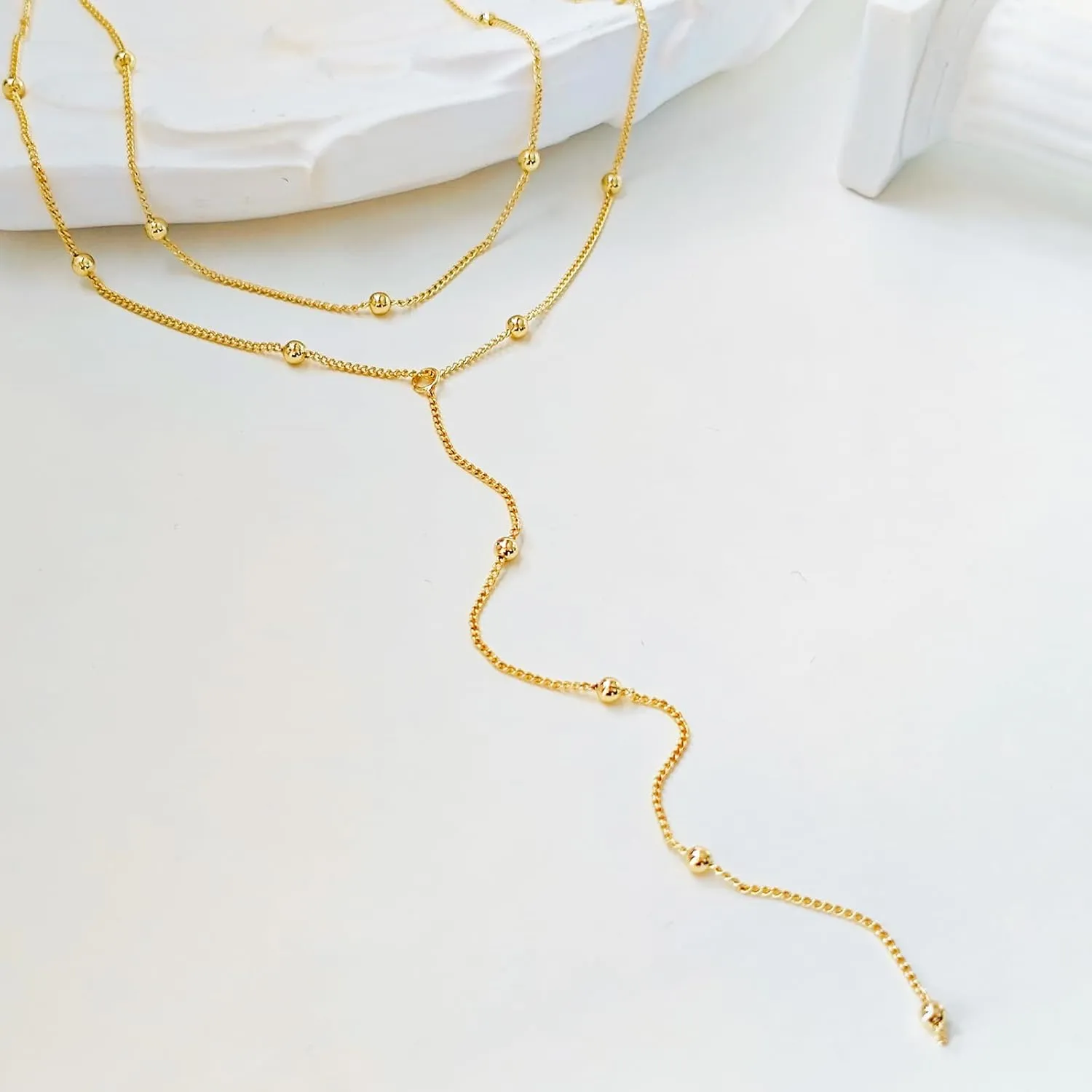 Luxval Lariat Gold Necklace for Women, Dainty Long Necklace 14k Gold Plated/Silver Y-Shaped Pendant Necklaces Trendy Beaded Chain Drop Necklaces Jewelry for Women Gifts