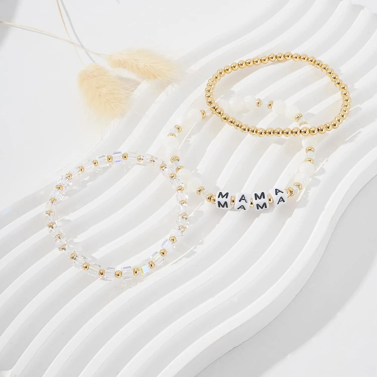 MAMA Bracelet Dainty Gold Crystal Beaded Bracelets Set for Women Stackable 14K Gold Plated Beads Nature Stone Layered Stretch Bracelets Mother's Day Gifts for Mom Grandmom