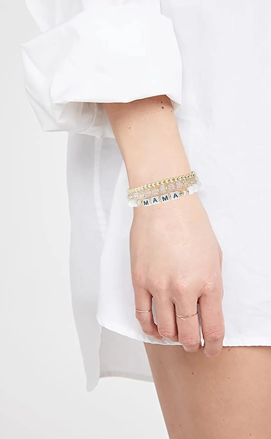 MAMA Bracelet Dainty Gold Crystal Beaded Bracelets Set for Women Stackable 14K Gold Plated Beads Nature Stone Layered Stretch Bracelets Mother's Day Gifts for Mom Grandmom