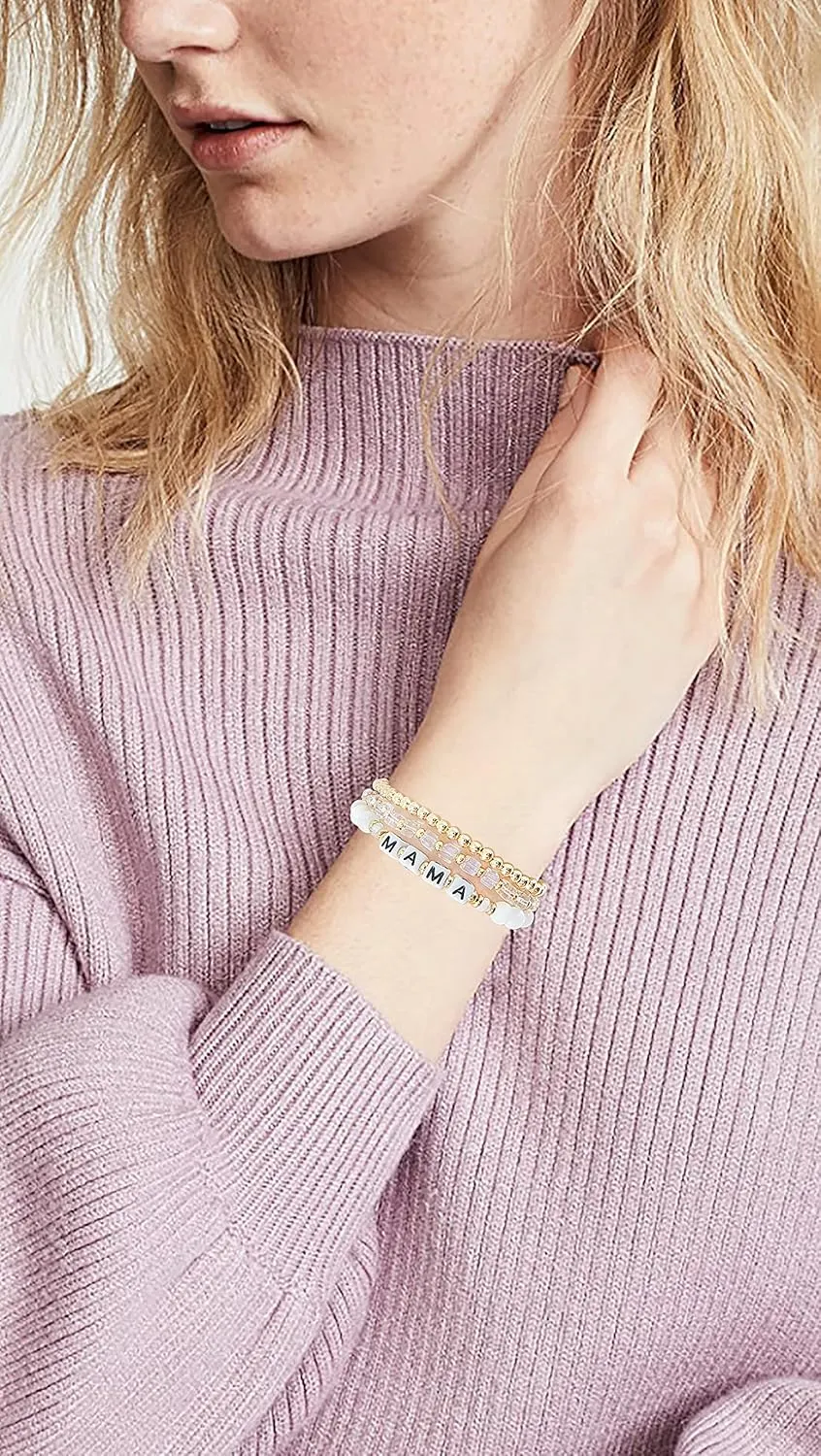 MAMA Bracelet Dainty Gold Crystal Beaded Bracelets Set for Women Stackable 14K Gold Plated Beads Nature Stone Layered Stretch Bracelets Mother's Day Gifts for Mom Grandmom