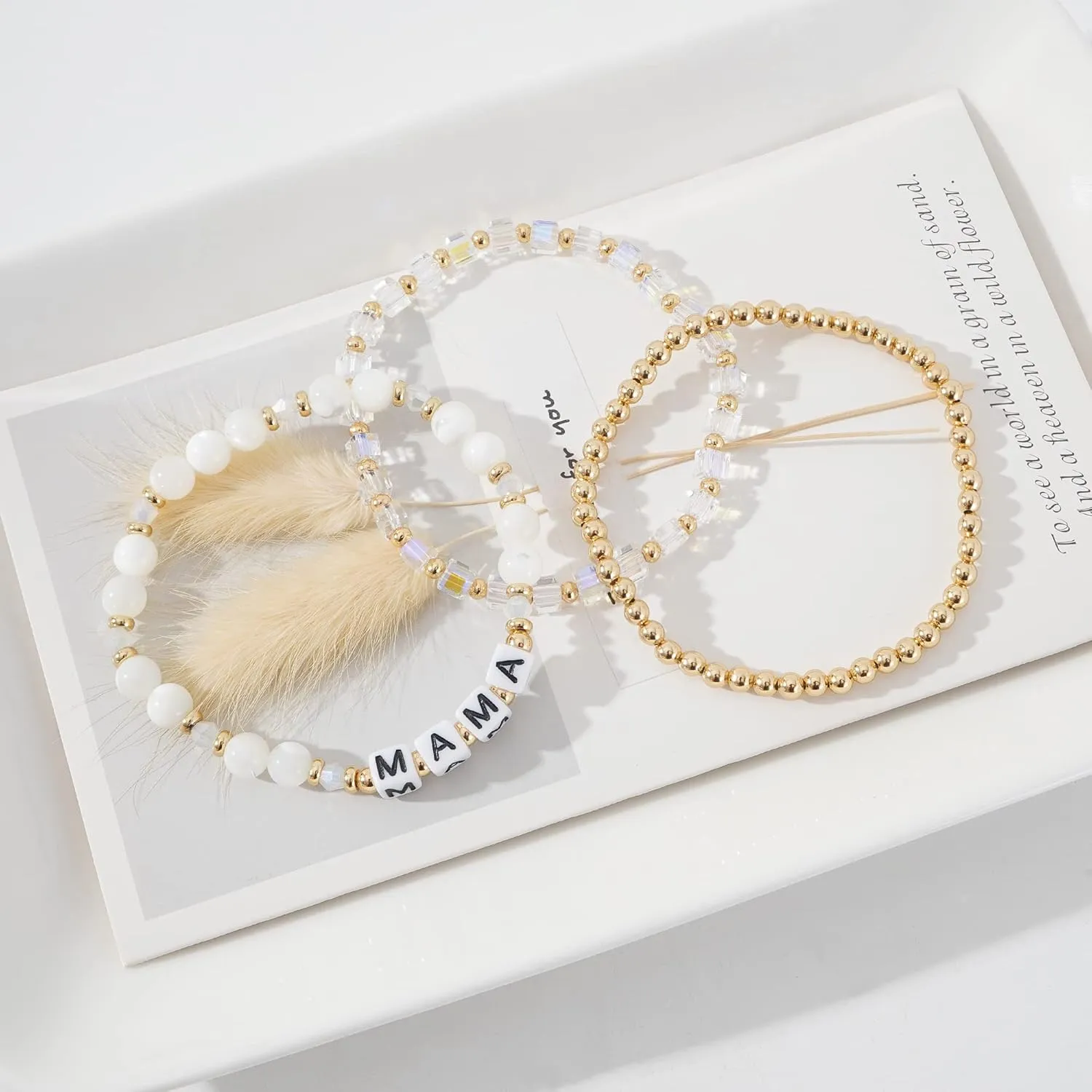 MAMA Bracelet Dainty Gold Crystal Beaded Bracelets Set for Women Stackable 14K Gold Plated Beads Nature Stone Layered Stretch Bracelets Mother's Day Gifts for Mom Grandmom