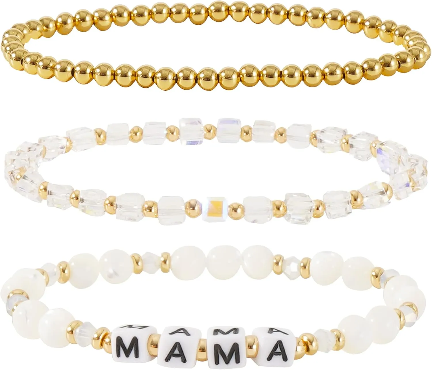 MAMA Bracelet Dainty Gold Crystal Beaded Bracelets Set for Women Stackable 14K Gold Plated Beads Nature Stone Layered Stretch Bracelets Mother's Day Gifts for Mom Grandmom