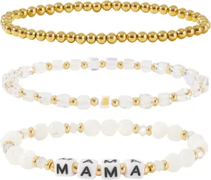 MAMA Bracelet Dainty Gold Crystal Beaded Bracelets Set for Women Stackable 14K Gold Plated Beads Nature Stone Layered Stretch Bracelets Mother's Day Gifts for Mom Grandmom