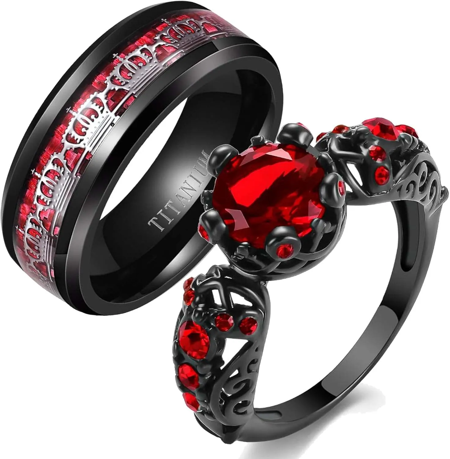 MASHAN Couple Rings Matching Rings His Her Ring Red CZ Women's Wedding Ring Crown Rings