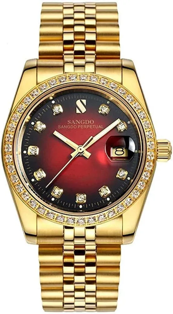 MASTOP Mens Diamond Accented Bezel and Luminous Dial Gold Plated Watch Waterproof Automatic Mechanical Watch