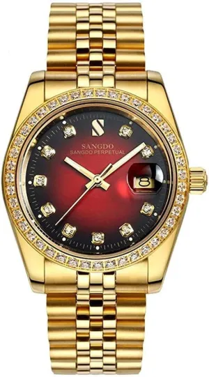 MASTOP Mens Diamond Accented Bezel and Luminous Dial Gold Plated Watch Waterproof Automatic Mechanical Watch