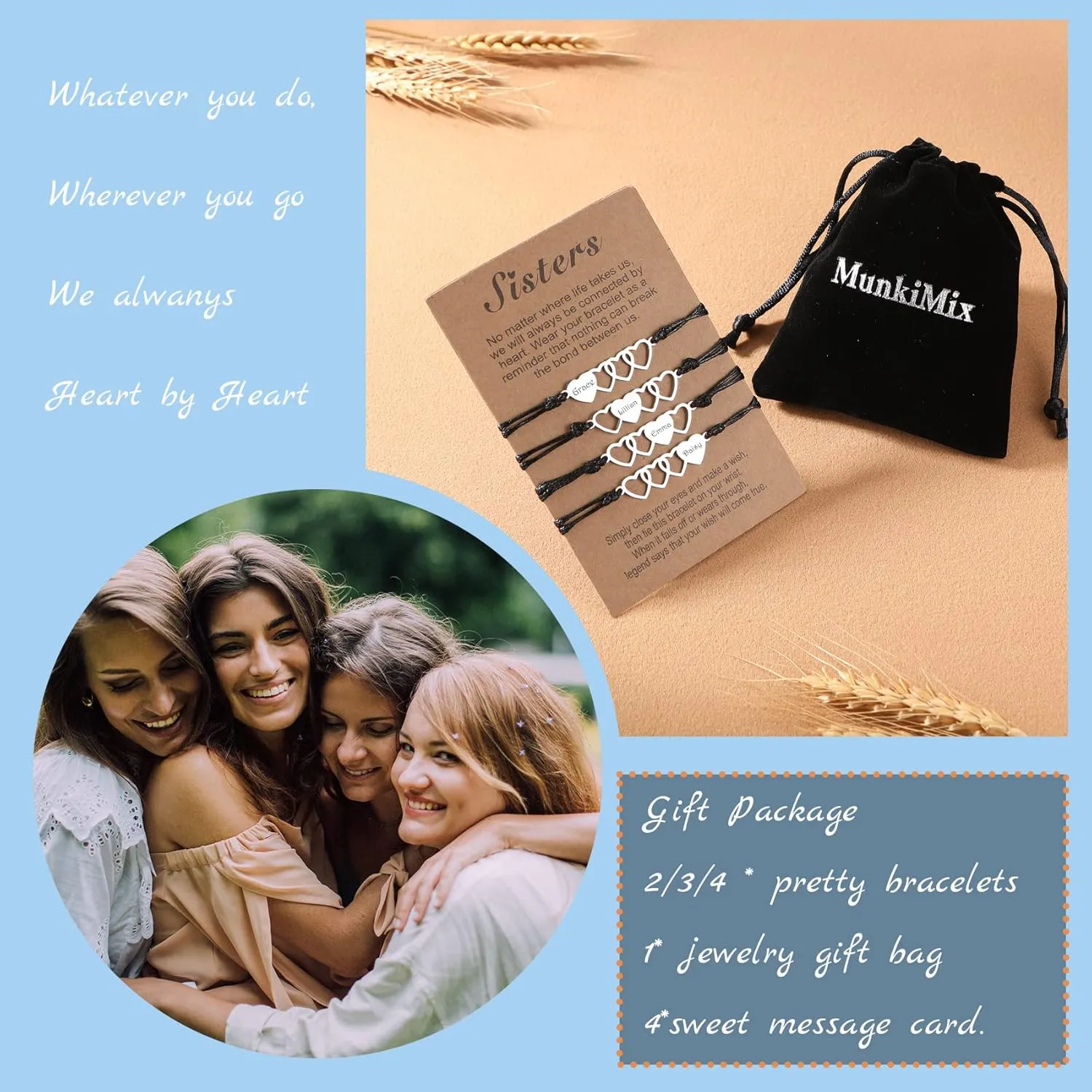 Matching Heart Friendship Bracelets Custom 2/3/4 Pcs Name Bracelets Unique Bracelet Jewelry Gift for Sister Best Friend BFF Friendship Bracelet Mother Daughter Bracelets