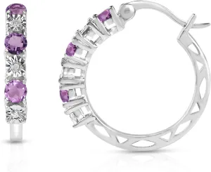 MAX   STONE Real Diamond and Gemstone Hoop Earrings for Women | 925 Sterling Silver Blue Sapphire, Emerald, Amethyst or Ruby Birthstone Earrings (1.2 Cttw, 21MM= 0.83 Inches Diameter)