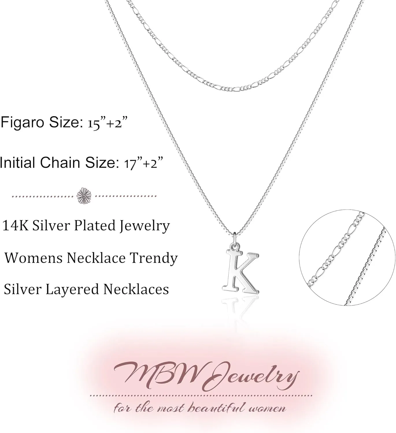 MBW Silver Initial Necklaces for Women Trendy, 14K Layered Necklace for Women Dainty Silver Letter Pendant Figaro Choker Necklaces Costume Monogram Name Necklace Silver Simple Tiny Jewelry Set