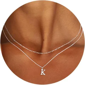 MBW Silver Initial Necklaces for Women Trendy, 14K Layered Necklace for Women Dainty Silver Letter Pendant Figaro Choker Necklaces Costume Monogram Name Necklace Silver Simple Tiny Jewelry Set