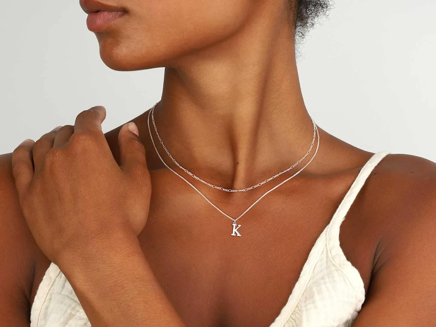 MBW Silver Initial Necklaces for Women Trendy, 14K Layered Necklace for Women Dainty Silver Letter Pendant Figaro Choker Necklaces Costume Monogram Name Necklace Silver Simple Tiny Jewelry Set