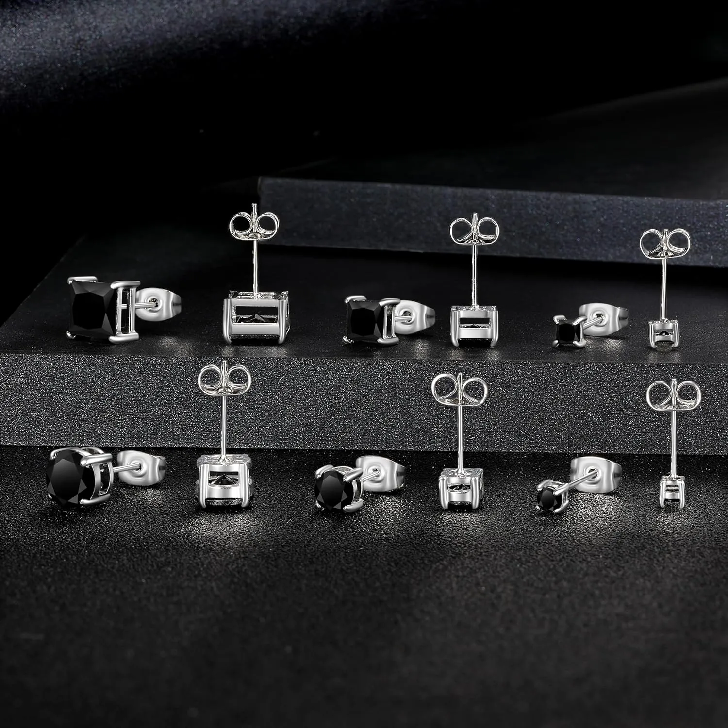 MDFUN 6 Pairs Stud Earrings Set 3mm/5mm/7mm Princess & Round Cubic Zirconia Earrings Hypoallergenic 316L Surgical Stainless Steel CZ Earrings for Women Men