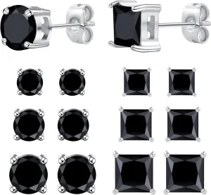MDFUN 6 Pairs Stud Earrings Set 3mm/5mm/7mm Princess & Round Cubic Zirconia Earrings Hypoallergenic 316L Surgical Stainless Steel CZ Earrings for Women Men